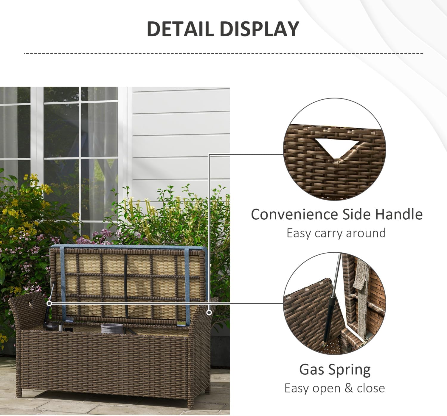27 Gallon Wicker Storage Bench, Outdoor Woven Rattan Garden Storage Box with Handles and Cushion, Blue