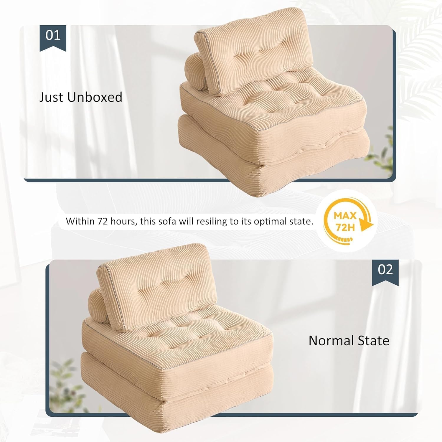 Convertible Folding Sofa Bed with backrest, Removable Washable Covering - Designed for Adults, Children, Leisure Areas, Ultra-Soft Filling Material, Corduroy(Camel)