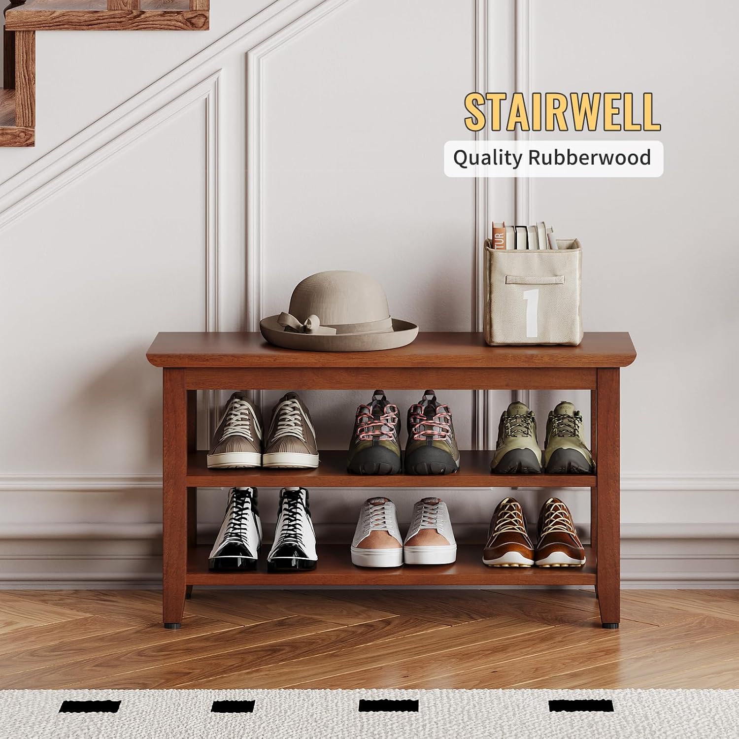 Wood Shoe Bench for Entryway,Bench with Shoe Rack,Storage Shoe Organizer for Hallway,Living Room,Bedroom (Brown, 31.5''W×11.81‘’D×17.71‘’H)