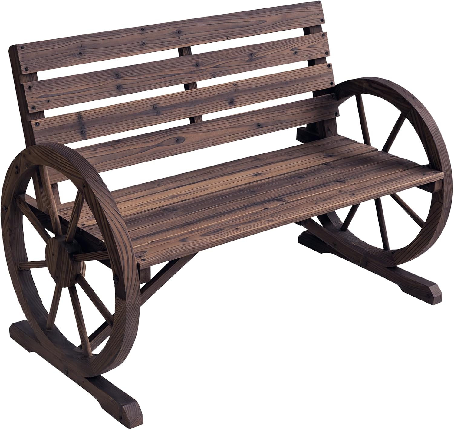 Wheel Solid Fir Wood Bench for Outdoor Patio with Carbonized Finish 2-Person 550lb Capacity