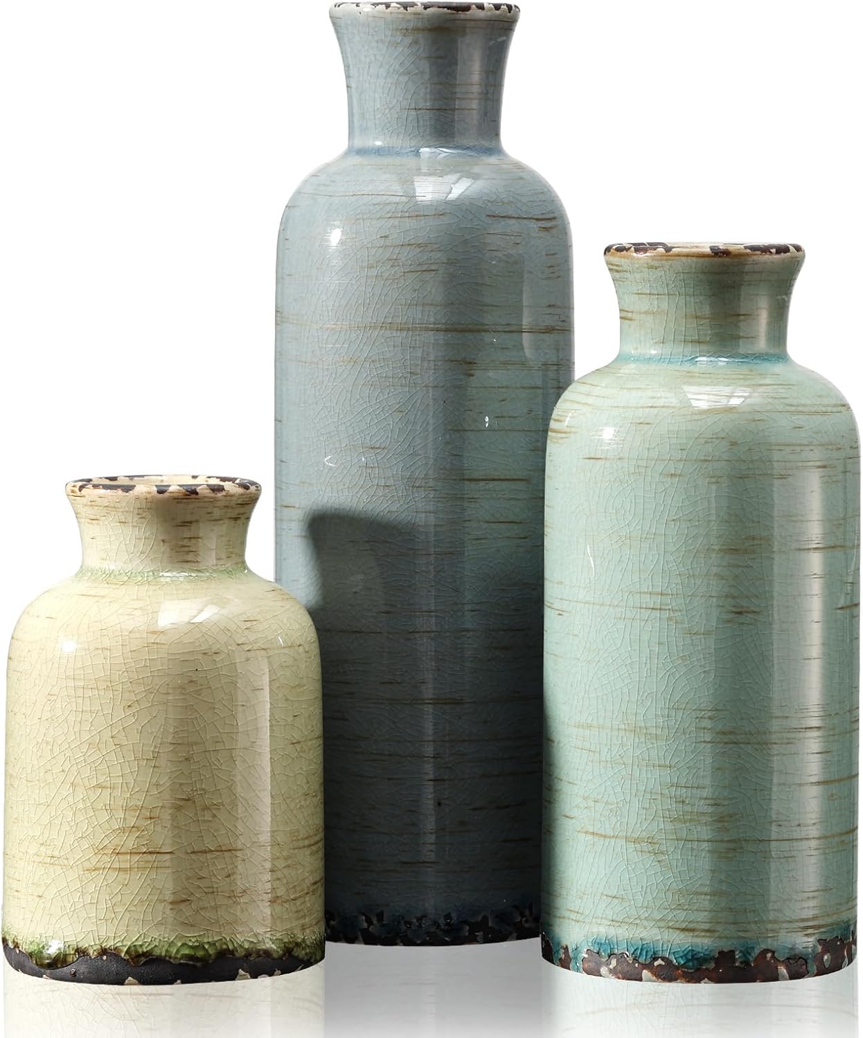 Ceramic Vase Set of 3, Vintage Glaze, Available in Three Simple Colors and Sizes, Elegant Home Decor for Living Room, Bedroom, Office, and Table Centerpieces (Multi-Gray-Blue)