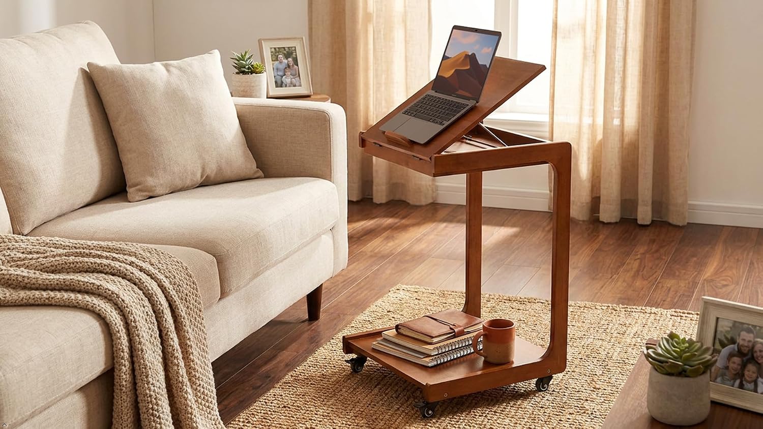 LEEMTORIG Small Rolling Side Table with Wheels, C-Shaped End Table with Storage, Adjustable Desktop Couch Table, Wooden Bedside Table Nightstand with Lockable Wheels for Living Room Bedroom BJ101-WL