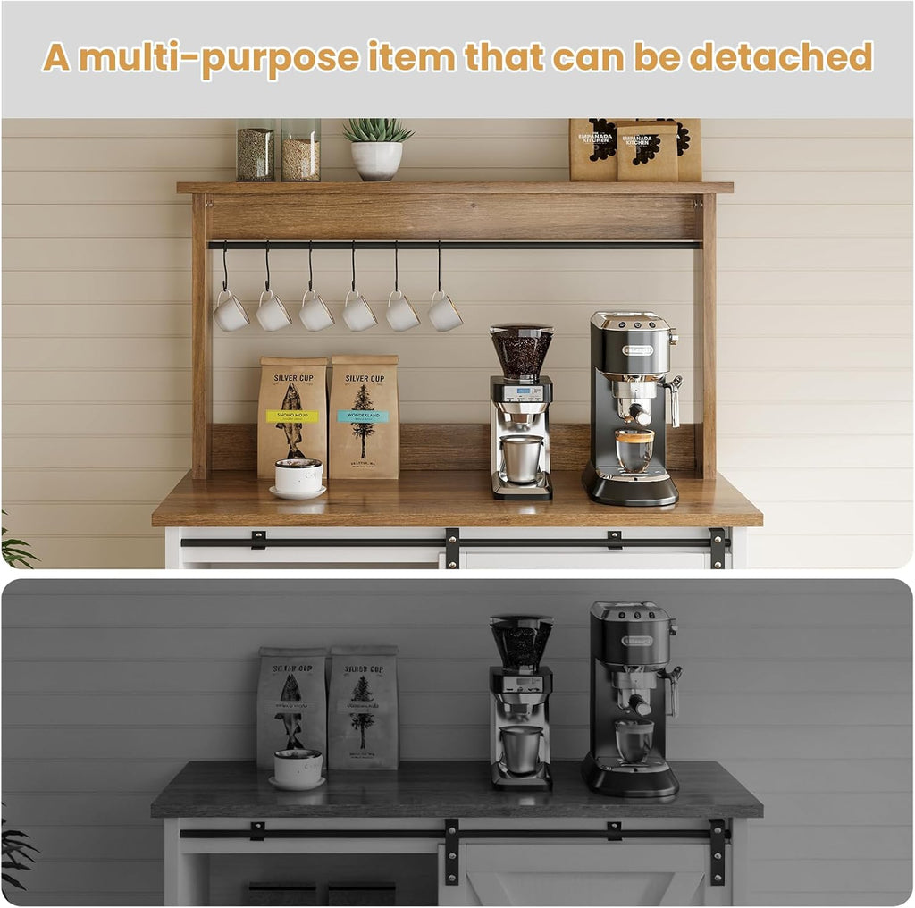4ever2buy Farmhouse Coffee Bar with Hutch, White Coffee Bar Cabinet with Storage Sliding Barn Door, 31 Inch Buffet Cabinet with 6 Hooks, Coffee Bar Table with Adjustable Shelves for Living Dining Room