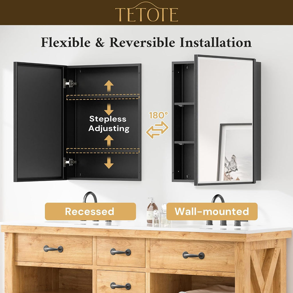 TETOTE 20" x 26" Medicine Cabinet Storage with Mirror Black Bathroom Medicine Cabinet with Beveled Aluminum Frame Surface Wall-Mounted or Recessed, Shelves Adjustable