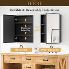 TETOTE 20" x 26" Medicine Cabinet Storage with Mirror Black Bathroom Medicine Cabinet with Beveled Aluminum Frame Surface Wall-Mounted or Recessed, Shelves Adjustable