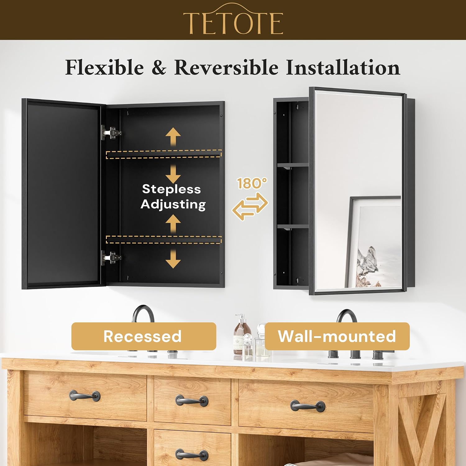 TETOTE 20" x 26" Medicine Cabinet Storage with Mirror Black Bathroom Medicine Cabinet with Beveled Aluminum Frame Surface Wall-Mounted or Recessed, Shelves Adjustable