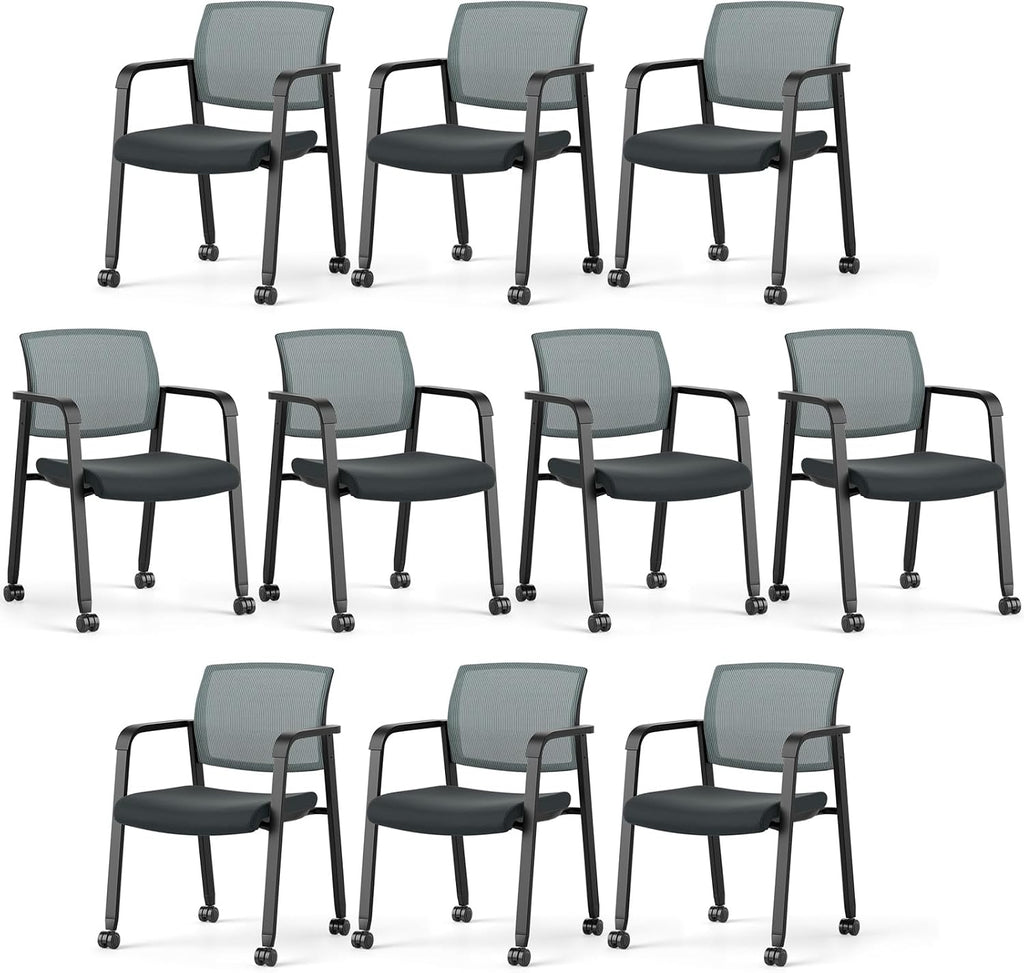 Tangkula Rolling Conference Room Chairs Set of 10, Stackable Office Guest Mesh Chairs with Armrests and Wheels, Ideal for Waiting Room Office, School, Lobby (Grey)