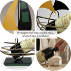 Metal Sailboat Wine Rack for Countertop – Decorative Wine Bottle Holder for Kitchen Bar Dining Table, Boat Sculpture Wine Stand Nautical Home Decor (Yellow and Green)