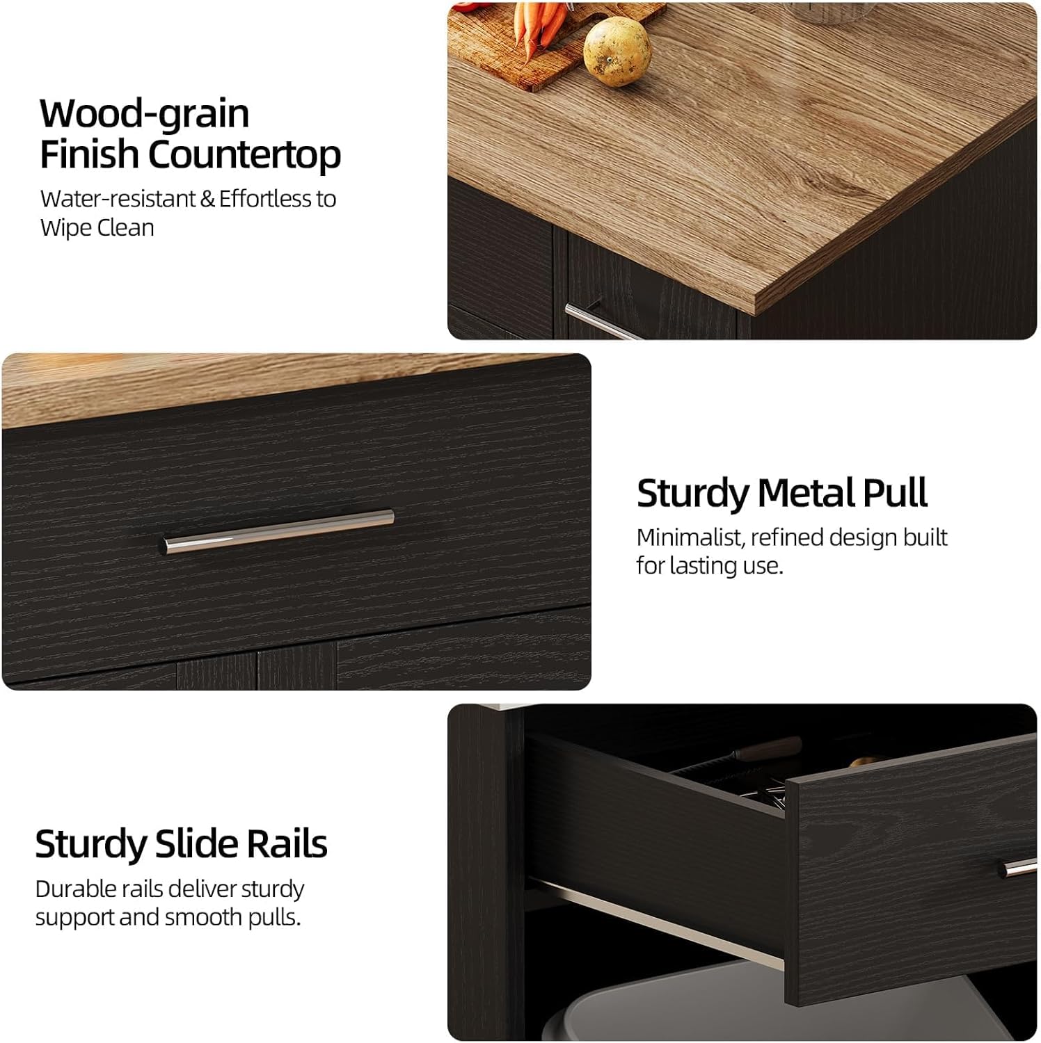 4 EVER WINNER 53" Kitchen Island Cart with Hidden Trash Storage, 3-Tier Spice Rack & Adjustable Shelves, Mobile Kitchen Counter on 5-Wheel Casters, Black