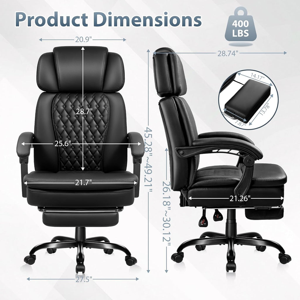 PRETZI Executive Office Chair 400LBS, Ergonomic Office Chair with Foot Rest, Heavy Duty Desk Chair for Home Office, Reclining High Back PU Leather Computer Chair Comfy, Black