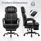 PRETZI Executive Office Chair 400LBS, Ergonomic Office Chair with Foot Rest, Heavy Duty Desk Chair for Home Office, Reclining High Back PU Leather Computer Chair Comfy, Black