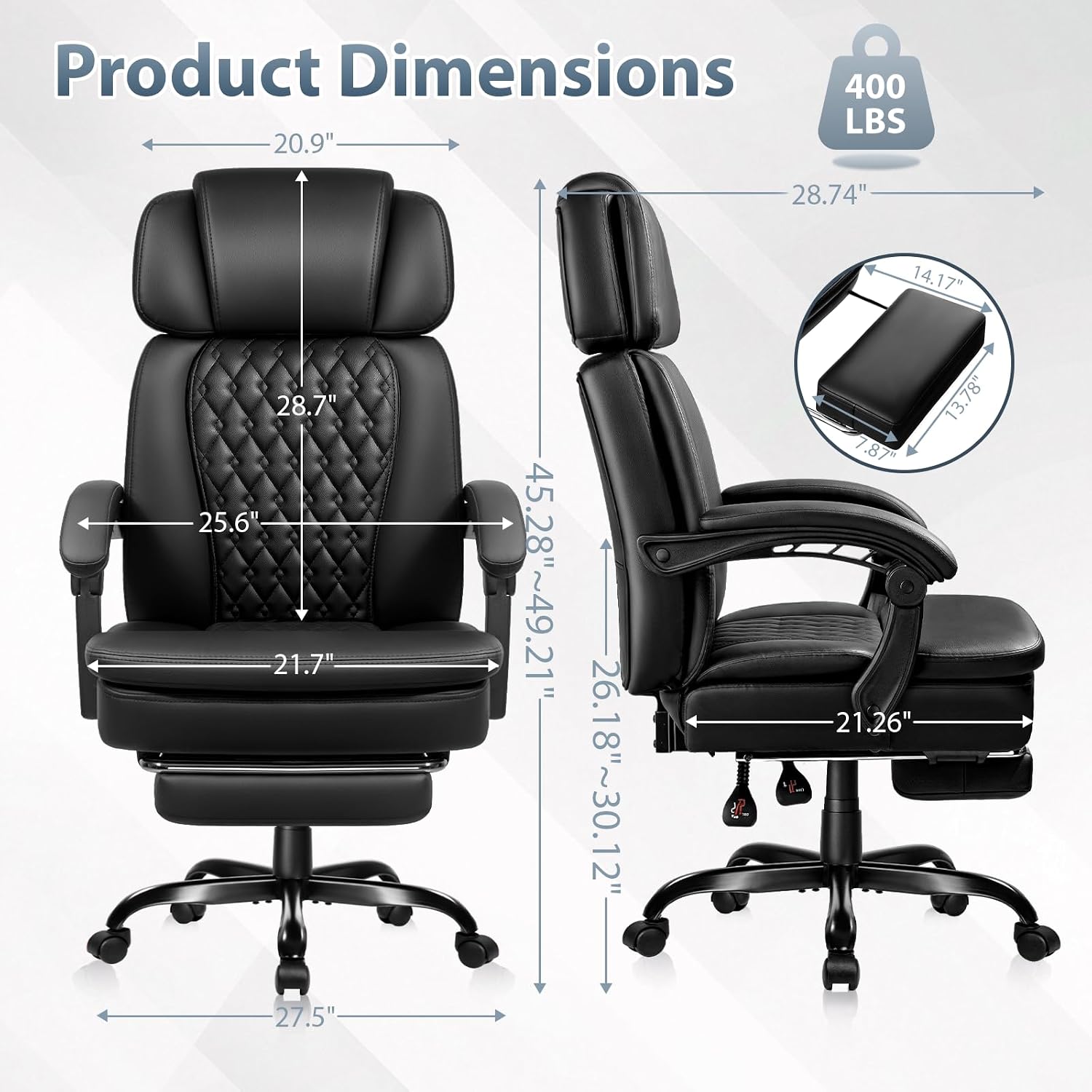 PRETZI Executive Office Chair 400LBS, Ergonomic Office Chair with Foot Rest, Heavy Duty Desk Chair for Home Office, Reclining High Back PU Leather Computer Chair Comfy, Black