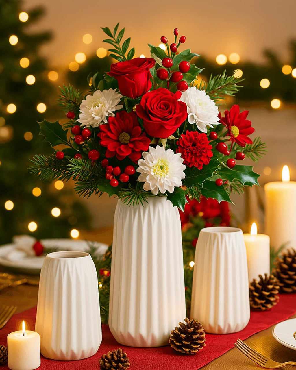 White Ceramic Vases Set of 3 – Modern Ribbed Vase Centerpieces for Pampas Grass, Eucalyptus, Dried or Fresh Flowers, Minimalist Home Decor for Living Room, Bookshelf, Table & Office