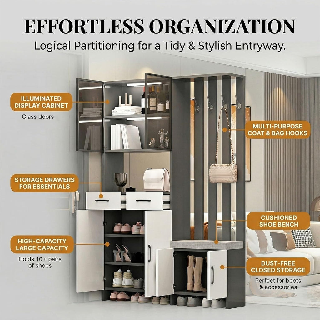 Wall Room Divider with Storage, 78.7" Tall Entryway Hall Tree Room Partition with Shoe Cabinet,Freestanding Wood Privacy Screen with Coat Rack, Bench & Glass Display(White+Left Side,80cm/31.5in)