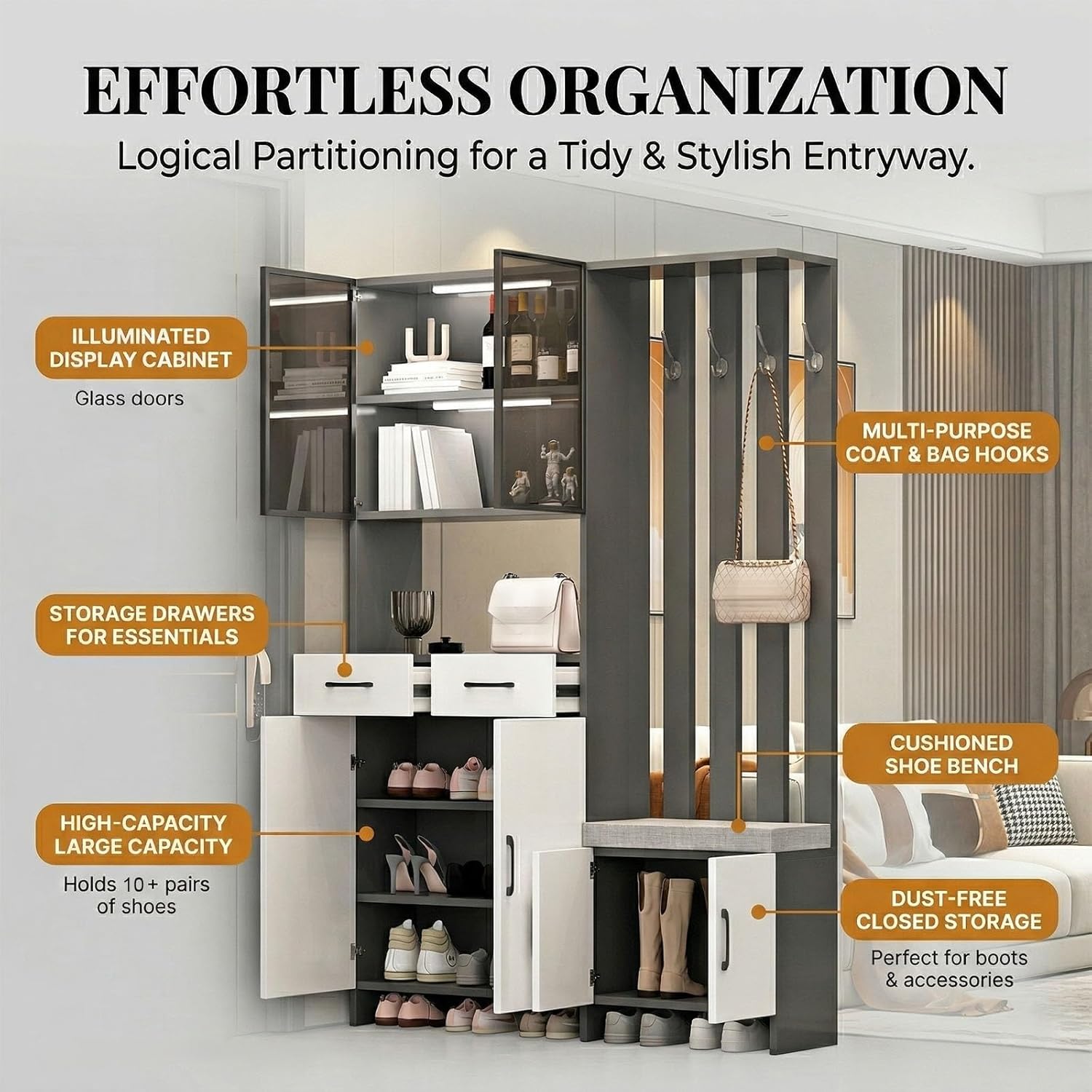 Wall Room Divider with Storage, 78.7" Tall Entryway Hall Tree Room Partition with Shoe Cabinet,Freestanding Wood Privacy Screen with Coat Rack, Bench & Glass Display(White+Left Side,80cm/31.5in)