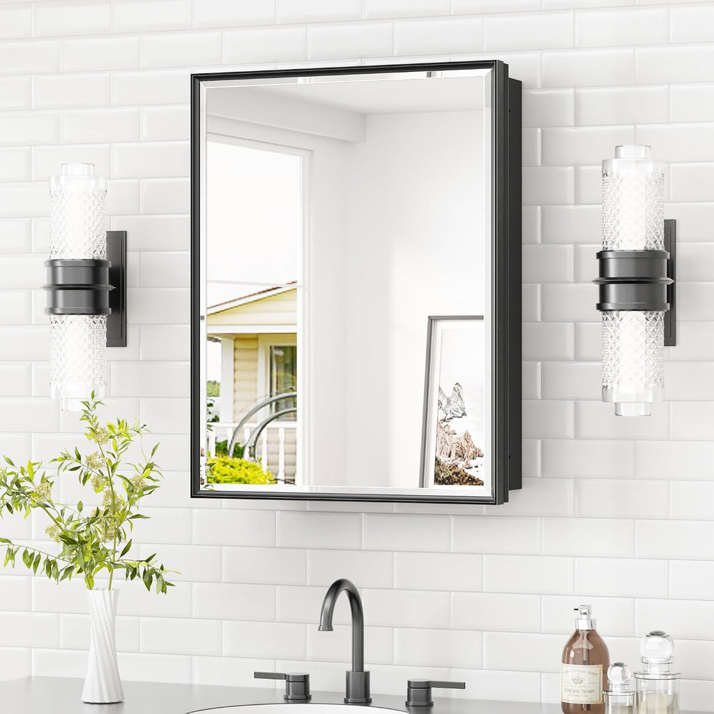 TETOTE 20" x 26" Medicine Cabinet Storage with Mirror Black Bathroom Medicine Cabinet with Beveled Aluminum Frame Surface Wall-Mounted or Recessed, Shelves Adjustable