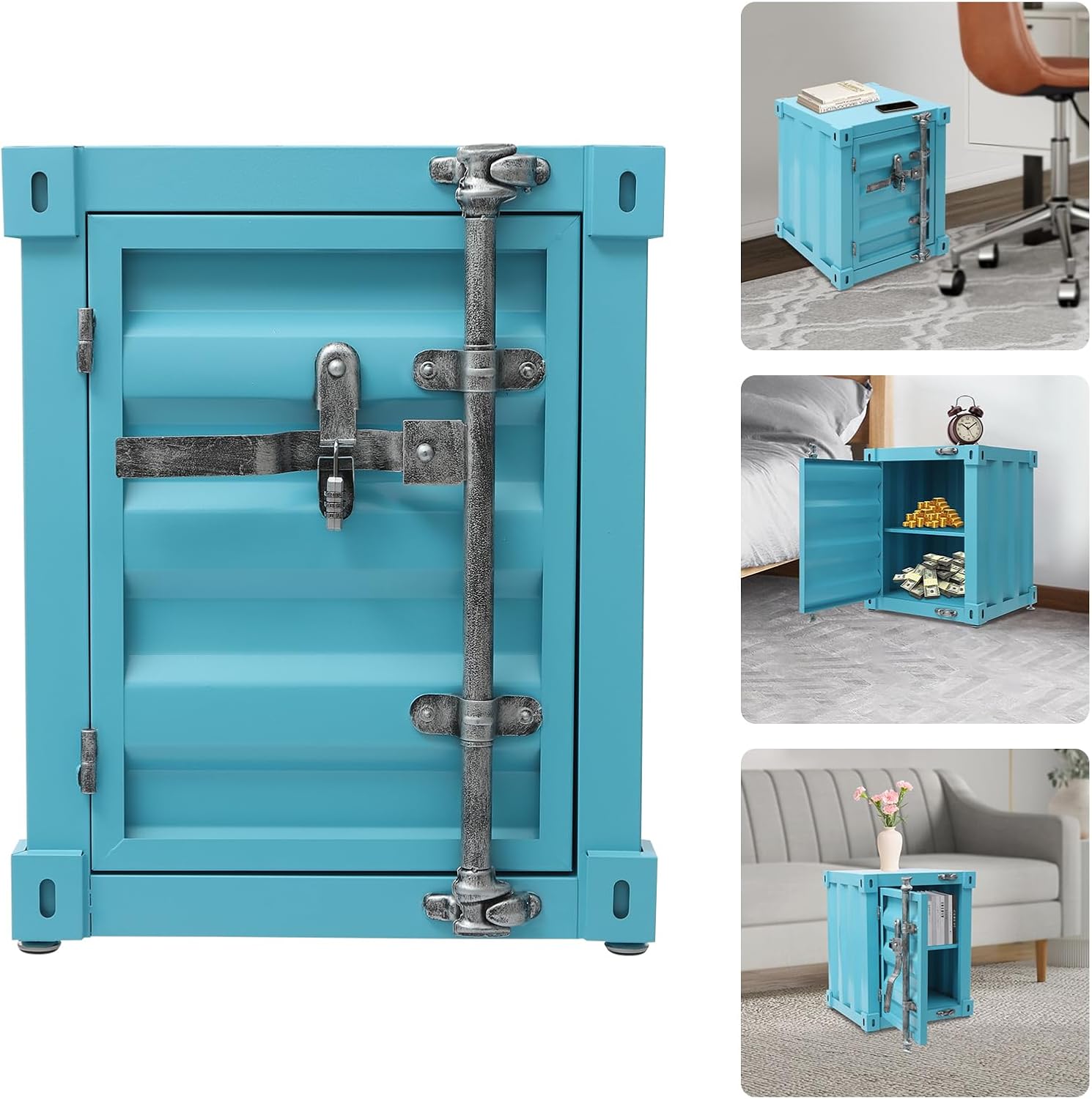 DouSeiAi Industrial Style End Table, Metal Shipping Container Side Table Industrial Container Cabinet for Living Room and Bedroom, Iron Bedside Nightstand, Blue