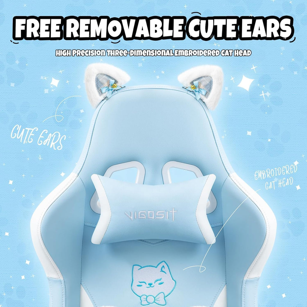 Ergonomic Kawaii Desk Chair with Cat Paw Lumbar Cushion and Cat Ears, Cute Pink Computer Chair with Footrest, PC Video Anime Gaming Chairs Recliner for Kids, Girls, Teens (Blue, Cat Chair)