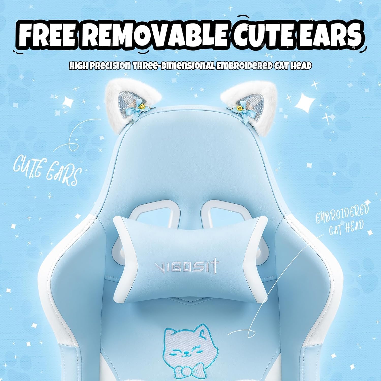 Ergonomic Kawaii Desk Chair with Cat Paw Lumbar Cushion and Cat Ears, Cute Pink Computer Chair with Footrest, PC Video Anime Gaming Chairs Recliner for Kids, Girls, Teens (Blue, Cat Chair)