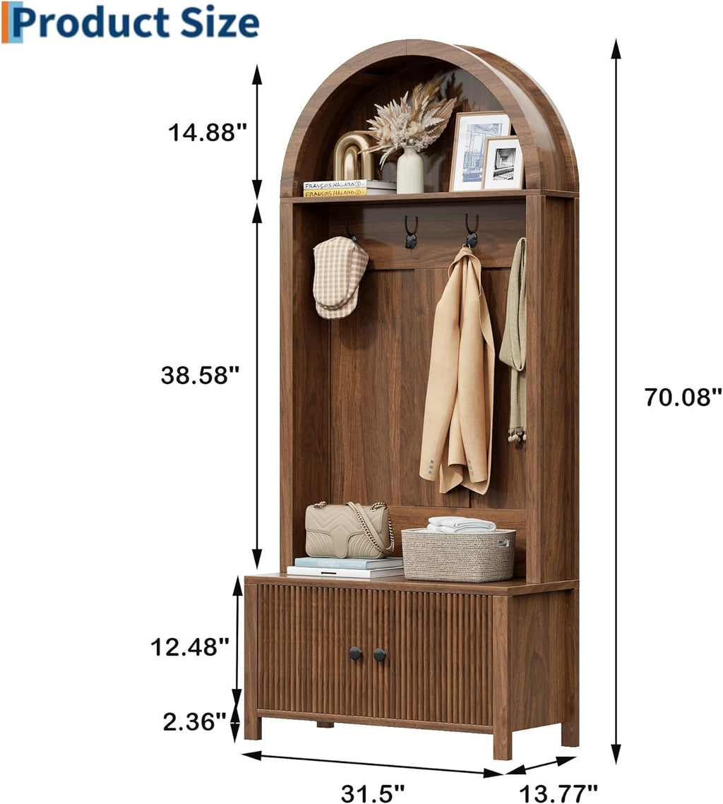 Hall Tree with Bench and Shoe Storage, Entryway Storage Bench with Coat Rack, 70.08" Tall Mudroom Rack with 4 Double Hooks and and 2 Fluted Doors, hall tree with storage for Hallway, Walnut