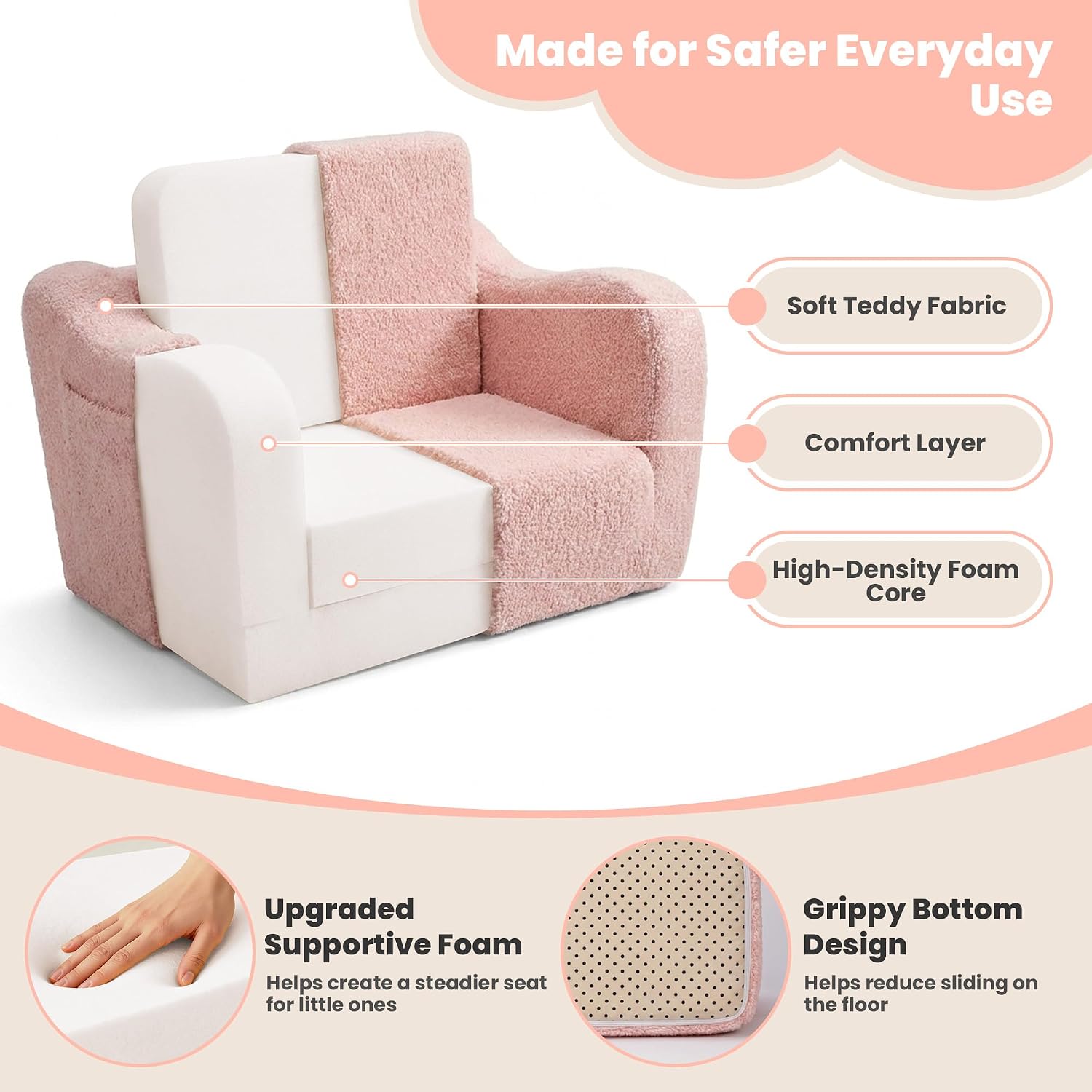 Toddler Couch 2-in-1 Fold Out Kids Sofa, Soft Comfy Lounger with Washable Cover Pocket, Kids Couch for Reading, Perfect for Bedroom, Playroom, Living Room, Gift for Girls Boys Age 1-3, Pink