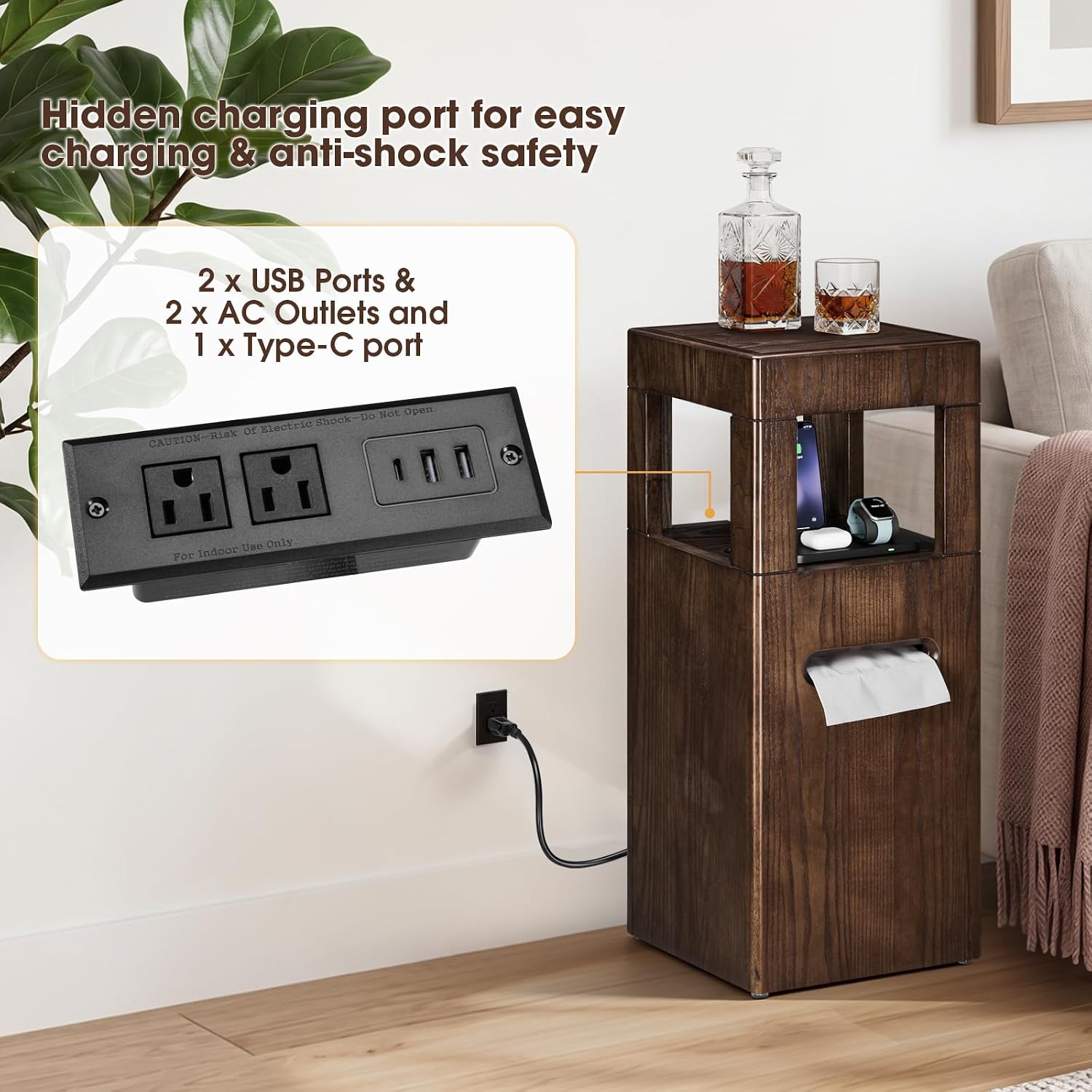Multi Use Side End Table with Charging Station for Living Room, Solid Wood Small Table with a Hidden Tissue Box for Small Space, Modern Minimalist Nightstand for Bedroom (Walnut)