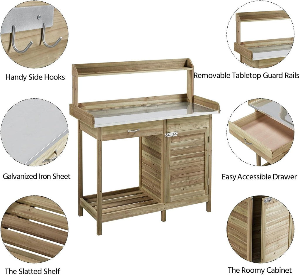 costoffs Potting Bench Wood Garden Potting Table with Cabinet and and Drawers Outdoor Metal Surface Work Bench for Greenhouse with Hooks and Shelf, Light Green