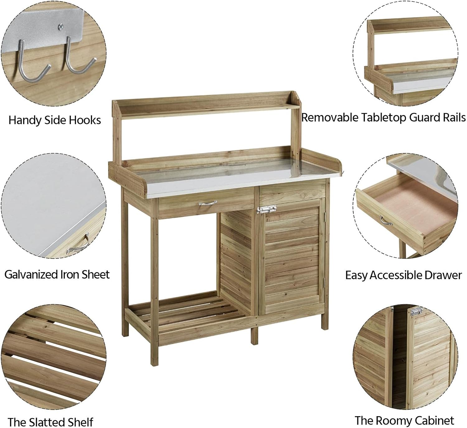 costoffs Potting Bench Wood Garden Potting Table with Cabinet and and Drawers Outdoor Metal Surface Work Bench for Greenhouse with Hooks and Shelf, Light Green