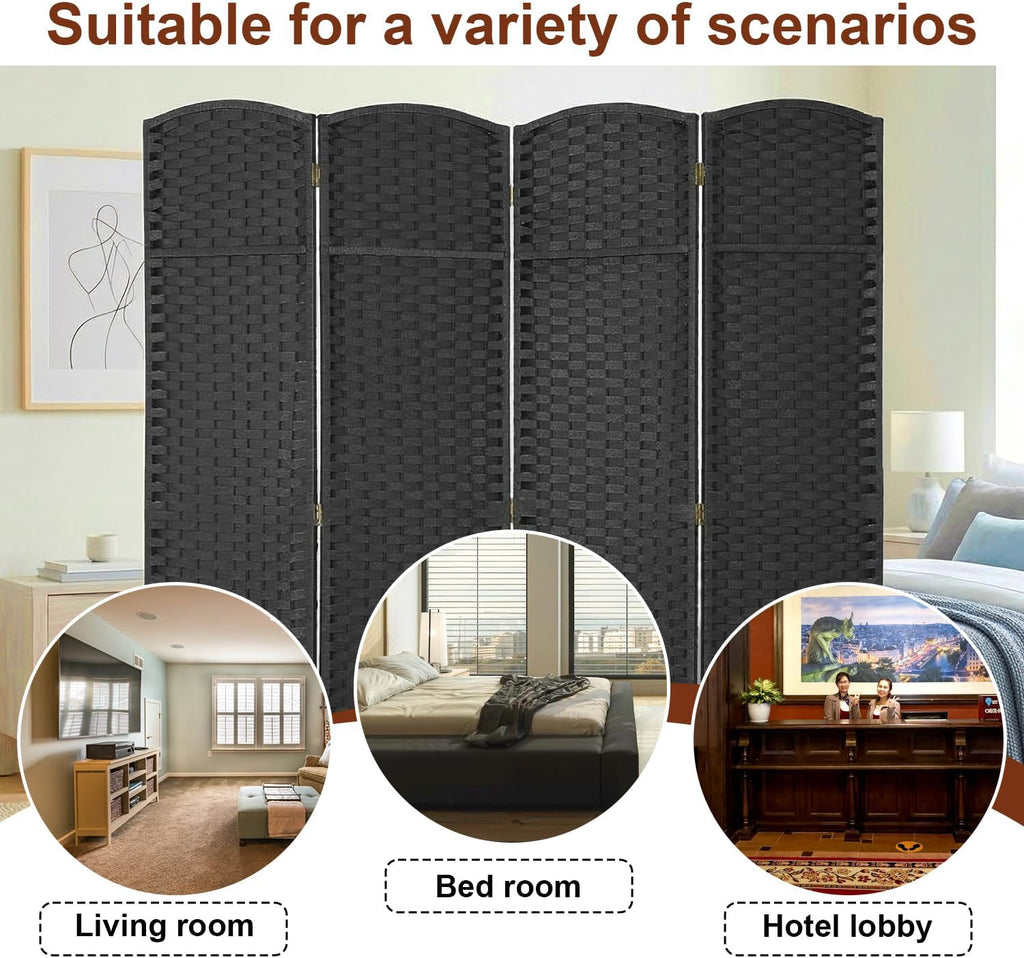 FDW Room Divider 4 Panel Screen 5.6 Ft Tall Partition Privacy Screens Folding Room Separation Free Standing Waterproof Wood Frame Wall Divider, Coal Black