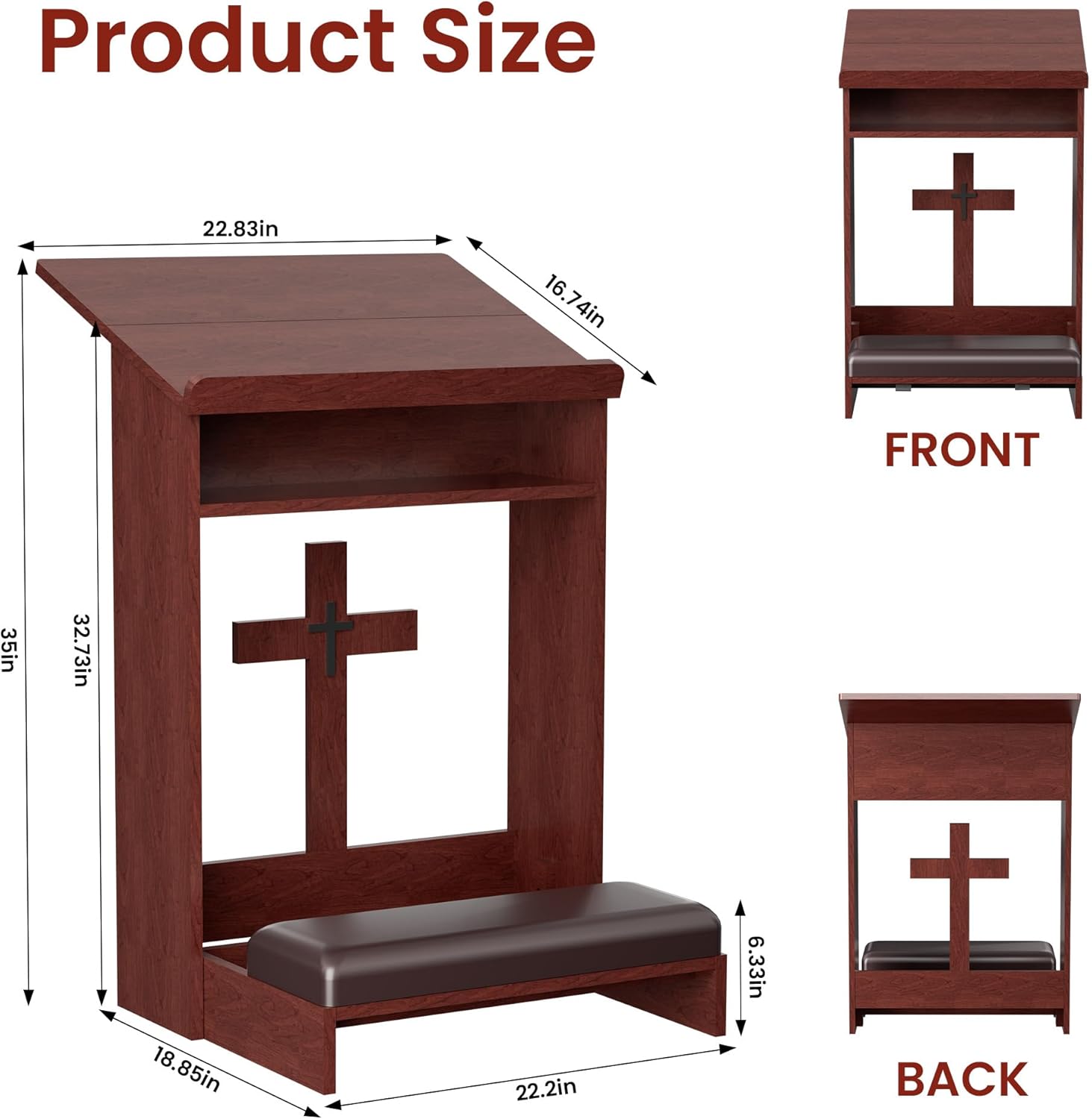Foldable Prayer Kneeler, Wooden Prayer Bench with Storage Shelf, Cushion Pad, Rounded Corner Bookend and Customizable Cross Decoration, Reinforced Steel Tube Base Design (Mahogany)