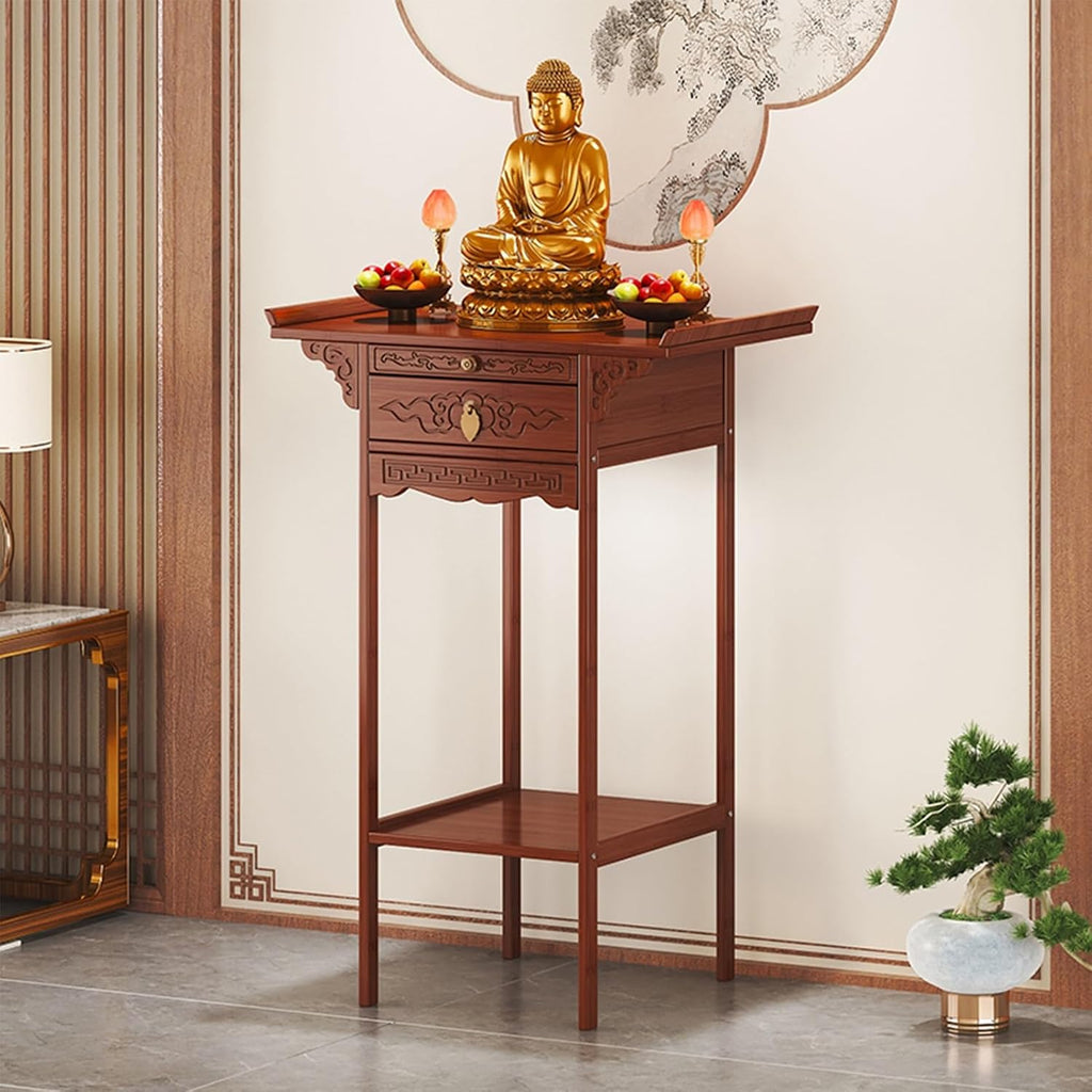 Meditation Table, Altar Cabinet with Pull-Out Storage Board, Personal Shrine Stand for Homes and Temples