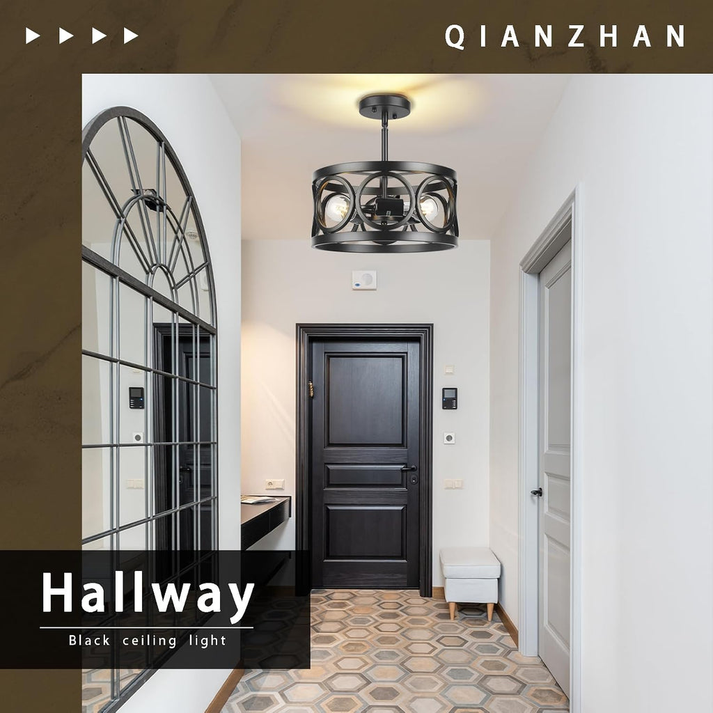 Farmhouse Semi Flush Mount Ceiling Light,3-Light Industry Black Sloped Ceiling Light Fixtures D13 Inches Drum Metal Light Fixture for Entryway Foyer Hallway Kitchen Dining Room