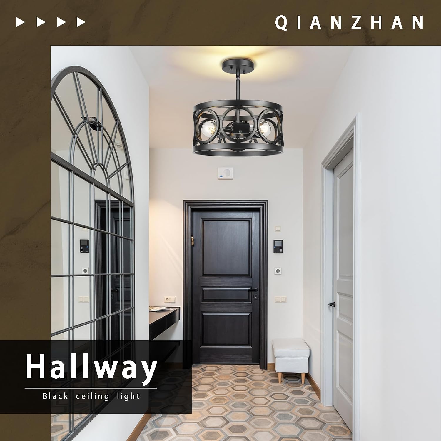 Farmhouse Semi Flush Mount Ceiling Light,3-Light Industry Black Sloped Ceiling Light Fixtures D13 Inches Drum Metal Light Fixture for Entryway Foyer Hallway Kitchen Dining Room