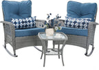 Patio Furniture Set 3 Pieces, Wicker Rocking Bistro Set with Thick Cushions, Outdoor Rocker Chairs and Coffee Table for Porch, Backyard or Garden (Blue)