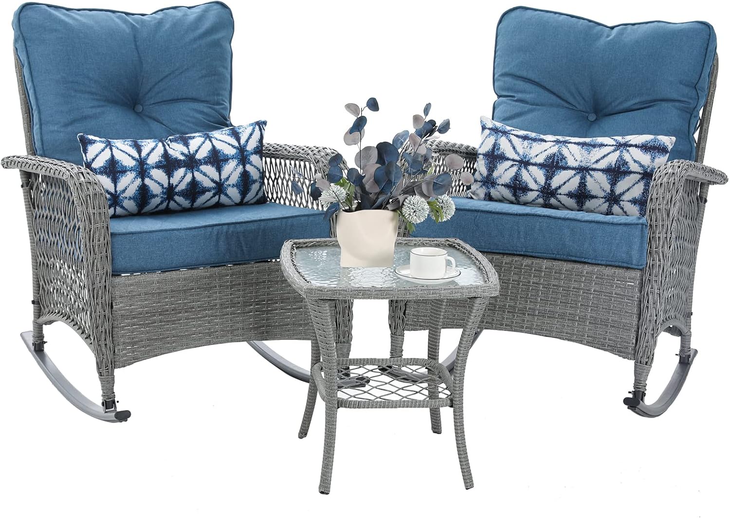 Patio Furniture Set 3 Pieces, Wicker Rocking Bistro Set with Thick Cushions, Outdoor Rocker Chairs and Coffee Table for Porch, Backyard or Garden (Blue)
