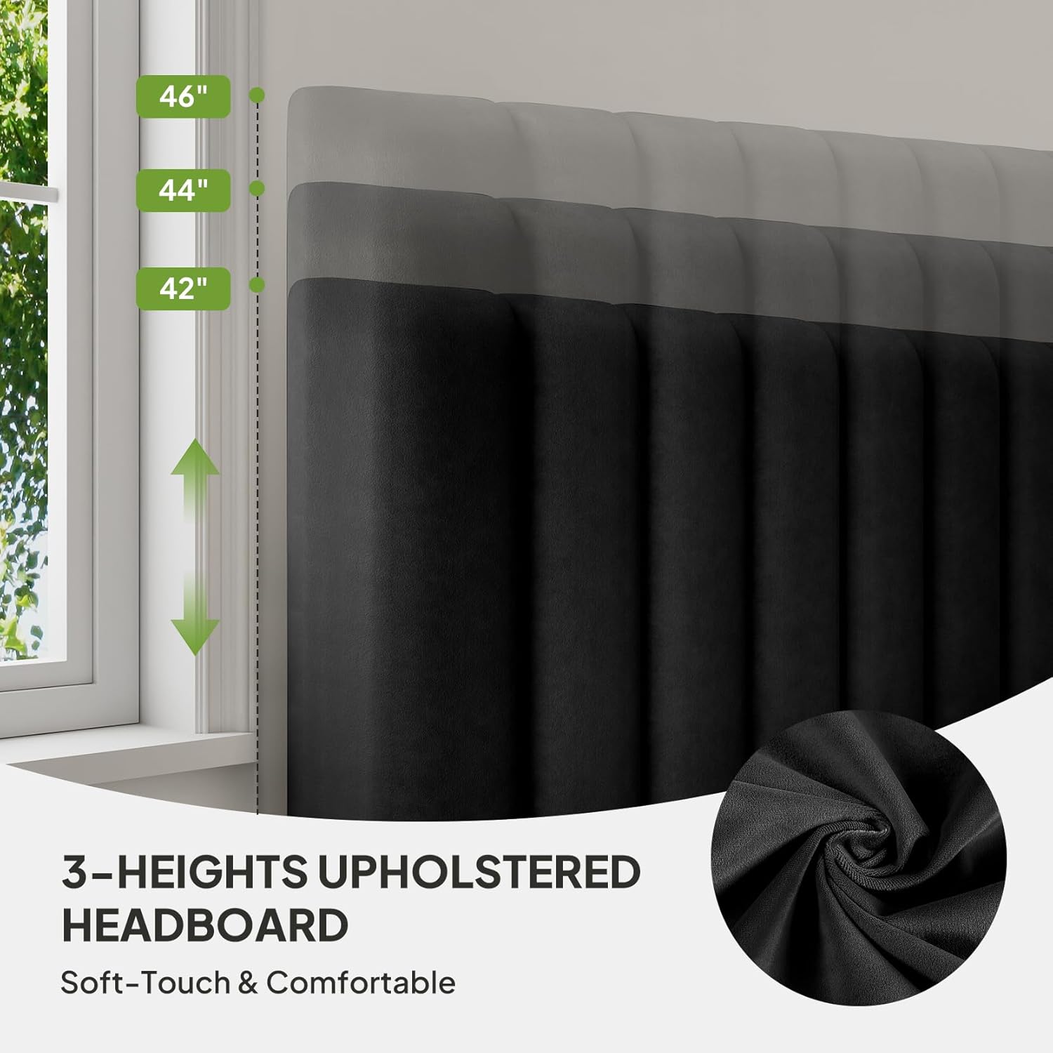 Welzona Queen Upholstered Bed Frame with Headboard, Velvet Upholstered Metal Platform Bed with Vertical Channel Tufted Headboard, 3-Level Height, Metal Slat Support, Noise-Free Easy Assembly, Black