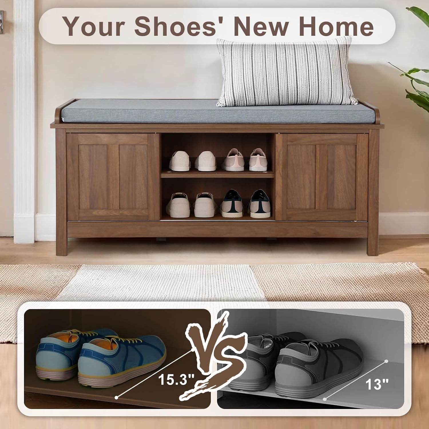 2-Tier Shoe Storage Bench,43" Wooden Shoe Cabinet with Sliding Doors,Walnut Shoe Bench with Adjustable Shelves,Storage Bench for Entryway,Hallway,Bedroom