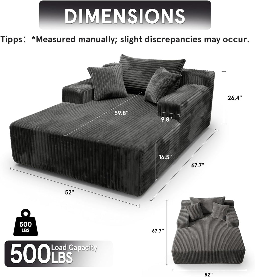 Sytopia Chaise Lounge with Armrests, Oversized Sofa Bed with 3 Pillows, Cozy Couch, Sleeper Reading Chair for Living Room Bedroom, Floor Sofa Corduroy, Furniture Sala, Volcanic Ash