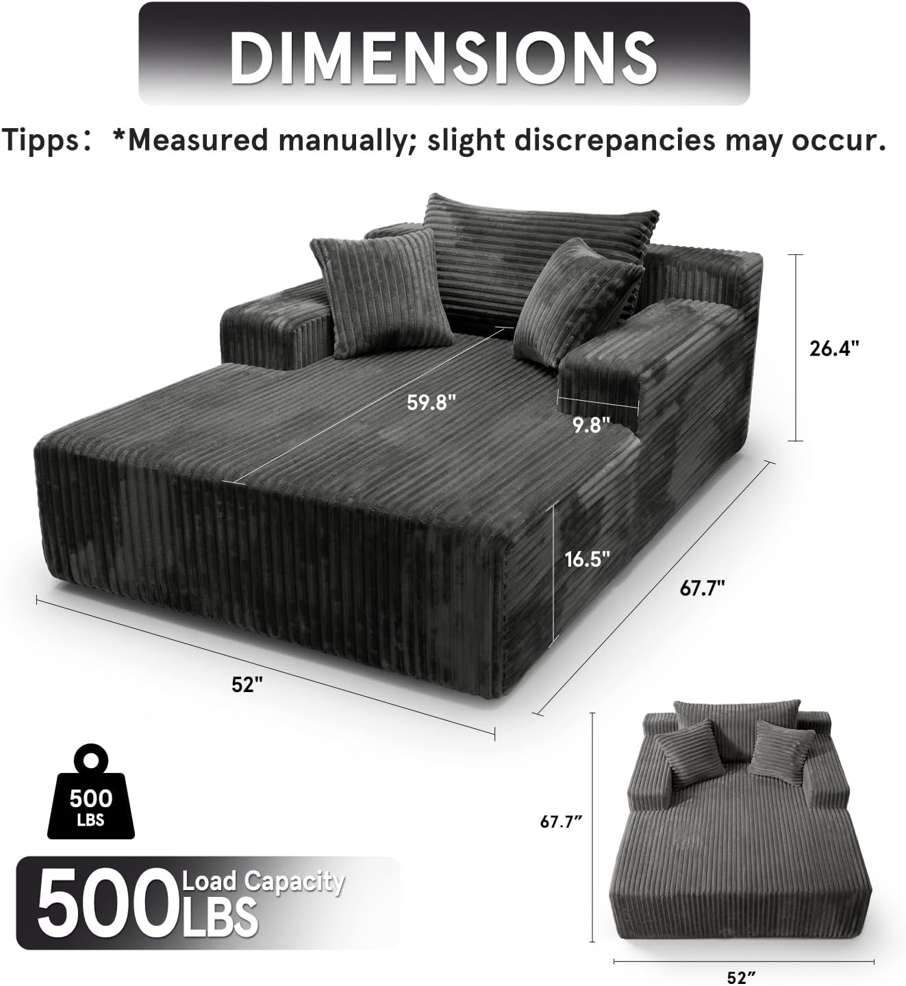 Sytopia Chaise Lounge with Armrests, Oversized Sofa Bed with 3 Pillows, Cozy Couch, Sleeper Reading Chair for Living Room Bedroom, Floor Sofa Corduroy, Furniture Sala, Volcanic Ash