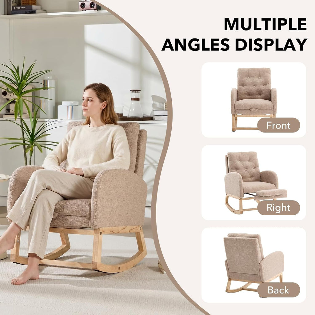 Nursery Rocking Chair, Teddy Upholstered Glider Rocker with Adjustable Footrest, Button Tufted Glider Recliner with Side Pocket & High Back, Accent Chair for Living Room (Brown Teddy)