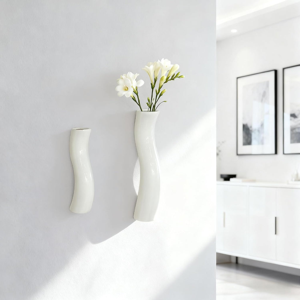 Set of 2 Wall Ceramic Vase, White Matte Hanging Wall Vase, Modern Minimalist Ceramic Vases for Dried or Fresh Flowers, Easy Mount Decor for Living Room & Entryway