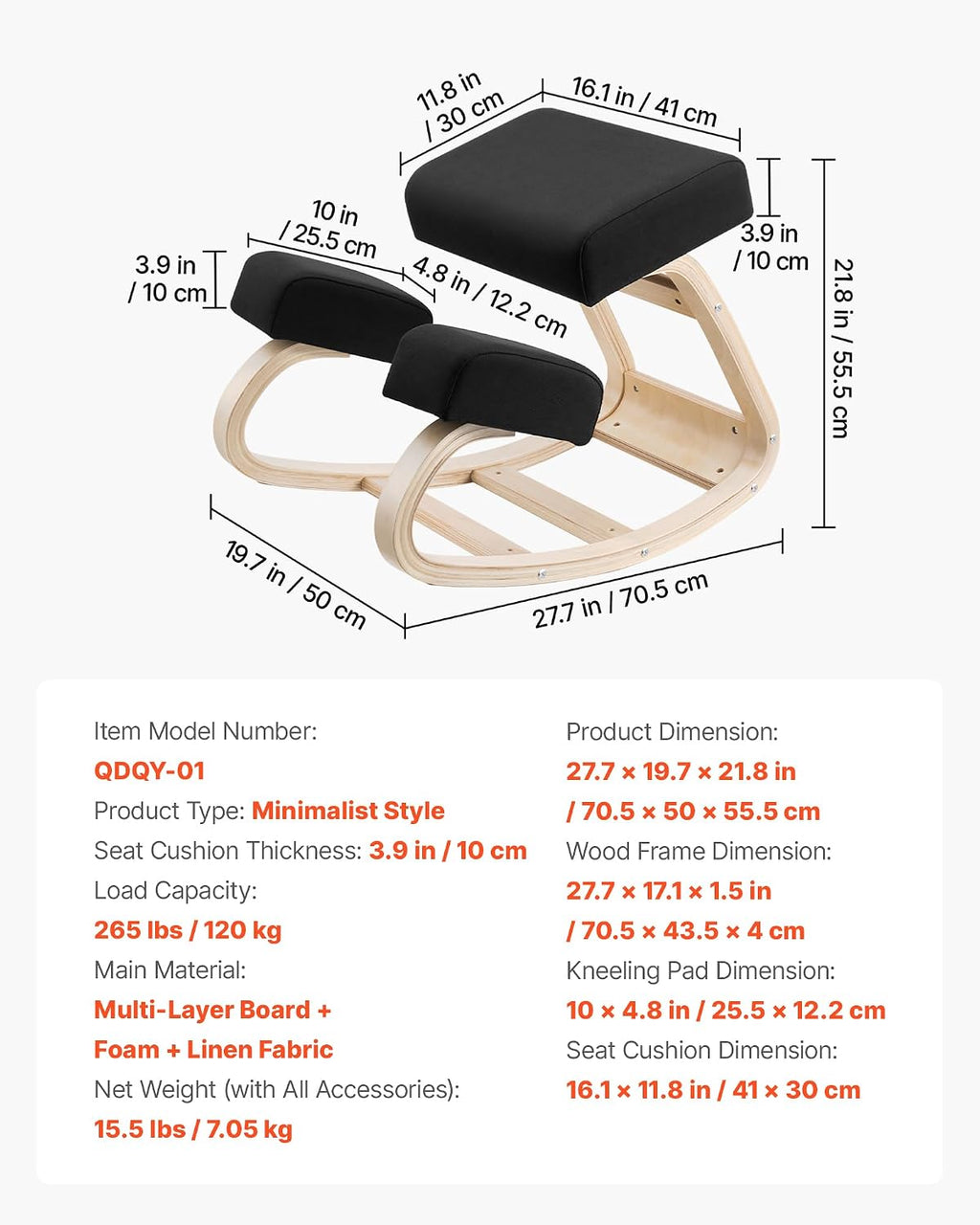 VEVOR Ergonomic Kneeling Chair, Wooden Posture Knee Chair with Thick Foam Cushions and Solid Wood Frame, Adjustable Height, Natural Relief for Neck or Back Pain, Ideal for Home, Office or Meditation