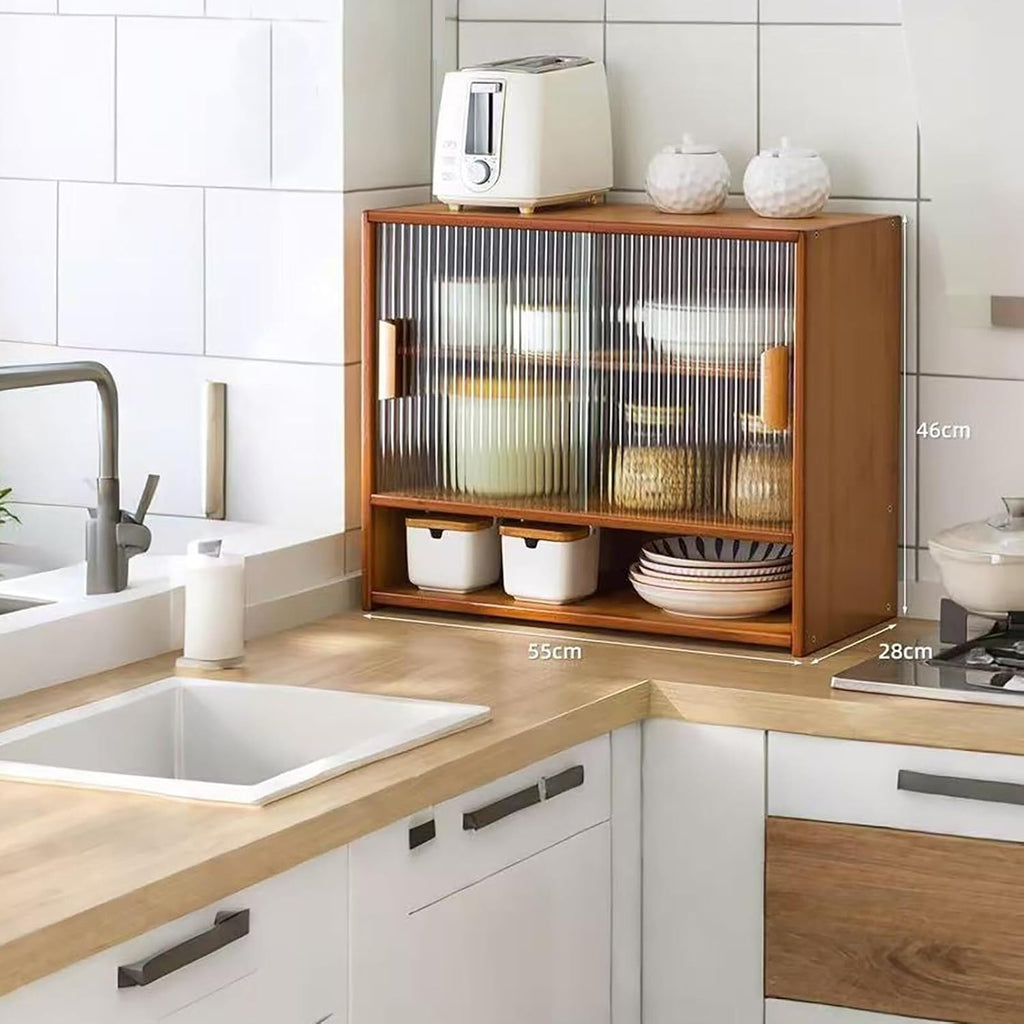 Bamboo Countertop Storage Cabinet Kitchen Pantry with Large Capacity & Acrylic Sliding Door Bread Container for Kitchen Creative idea(Brown)
