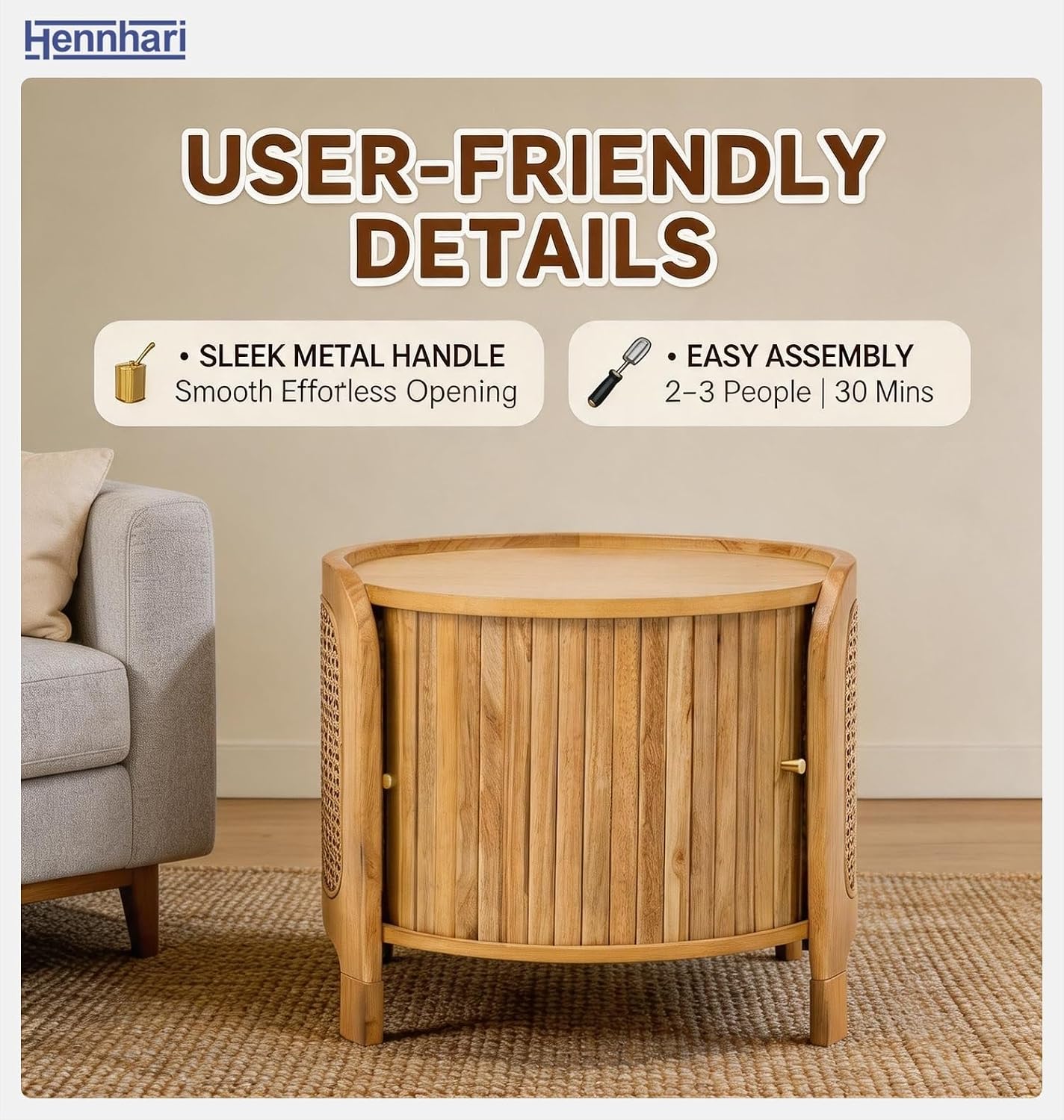 Acacia Wood Rattan Coffee Table, Side Table with Woven Cane Doors, Round End Table with Open Shelf for Bedroom, Living Room, Small Spaces (Antique Brown)
