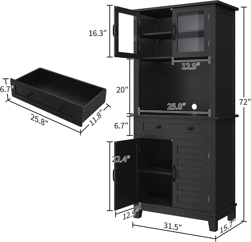 Garvee 72 in Tall Kitchen Pantry Cabinet, Kitchen Hutch Bar Cabinet with Microwave Stand, Cupboard with Drawers Glass Doors for Dining Room, Living Room, Dark Black