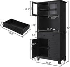 Garvee 72 in Tall Kitchen Pantry Cabinet, Kitchen Hutch Bar Cabinet with Microwave Stand, Cupboard with Drawers Glass Doors for Dining Room, Living Room, Dark Black