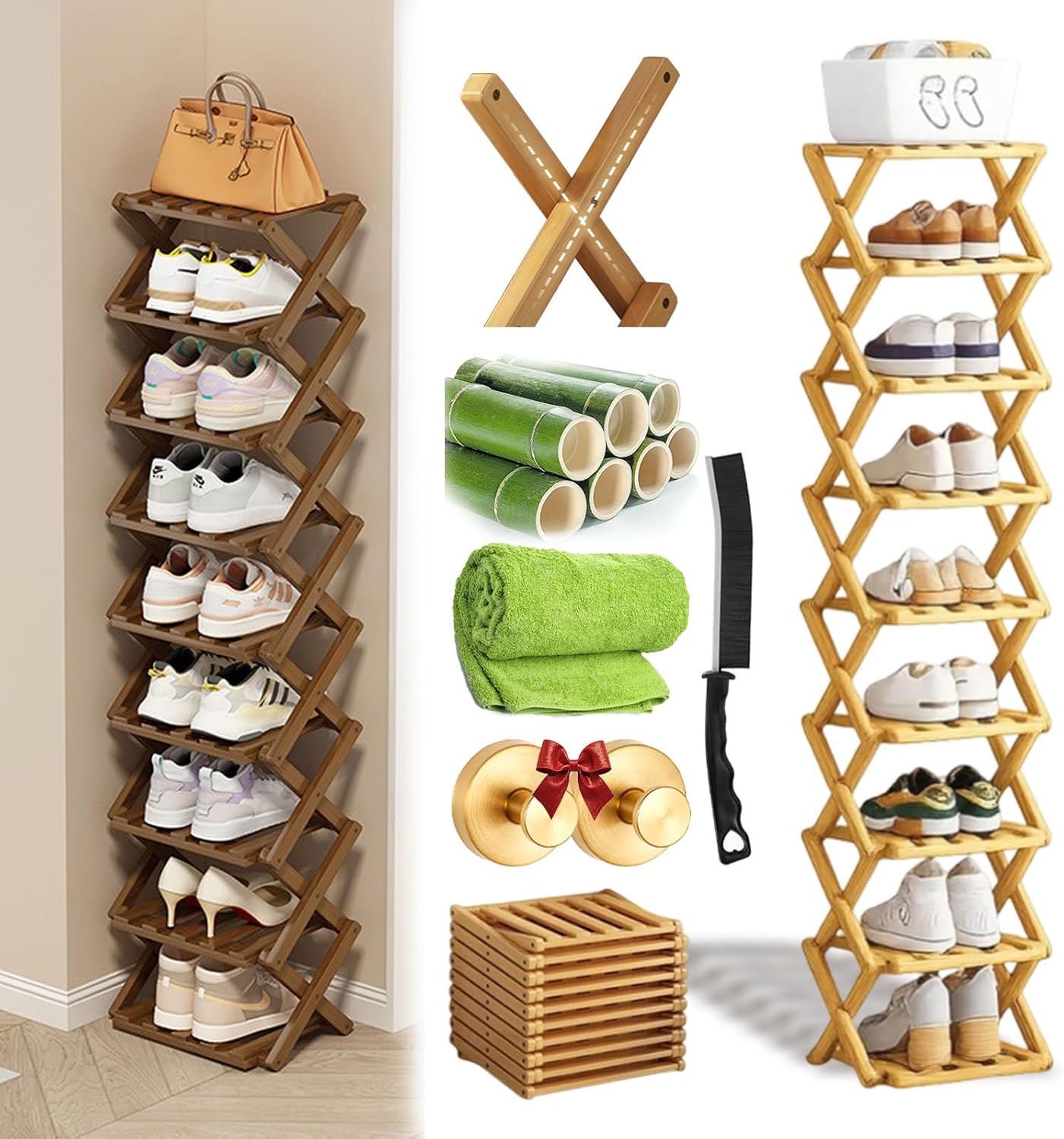 GDSAFS 2-9 Tier Bamboo Shoe Rack, 2026 New Sturdy Foldable Shoe Organizer, High-Capacity No-Assembly Vertical Storage with Anti-Slip Base for Hallway, Bedroom, Corner, Kids' Room (Yellow,9 Layers)
