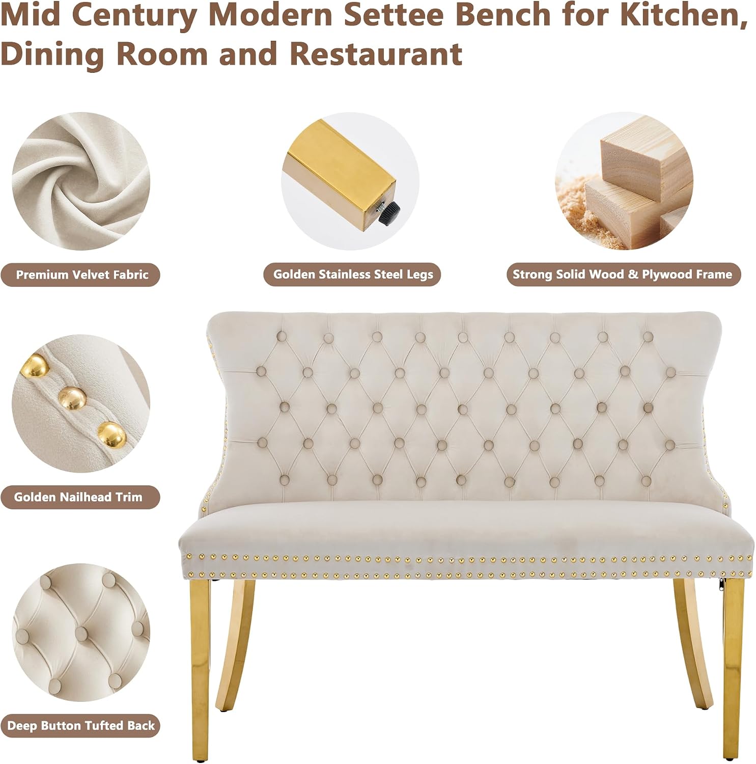 mikibama Luxury Settee Dining Bench with Back,Velvet Upholstered Banquette Benches with Nailhead Trim,Button Tufted Small Loveseat Sofa Couch Booth Seating for Small Spaces(Beige Gold)