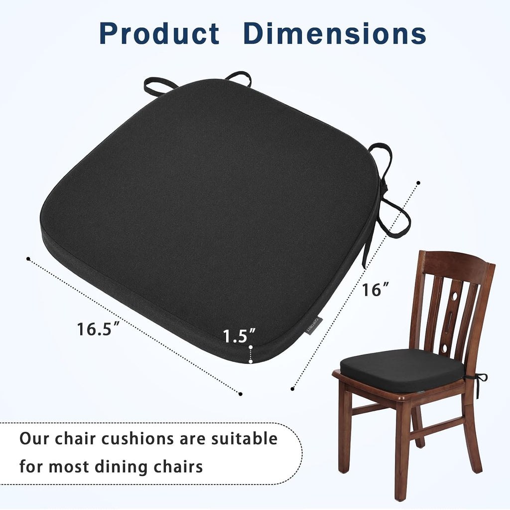 GOFORIT Dining Chairs Cushions, Memory Foam Kitchen Chair Pads with Ties and Washable Cover, Seat Cushions for Indoor Dining Room, 16.5'' x 16'', Set of 4, Black