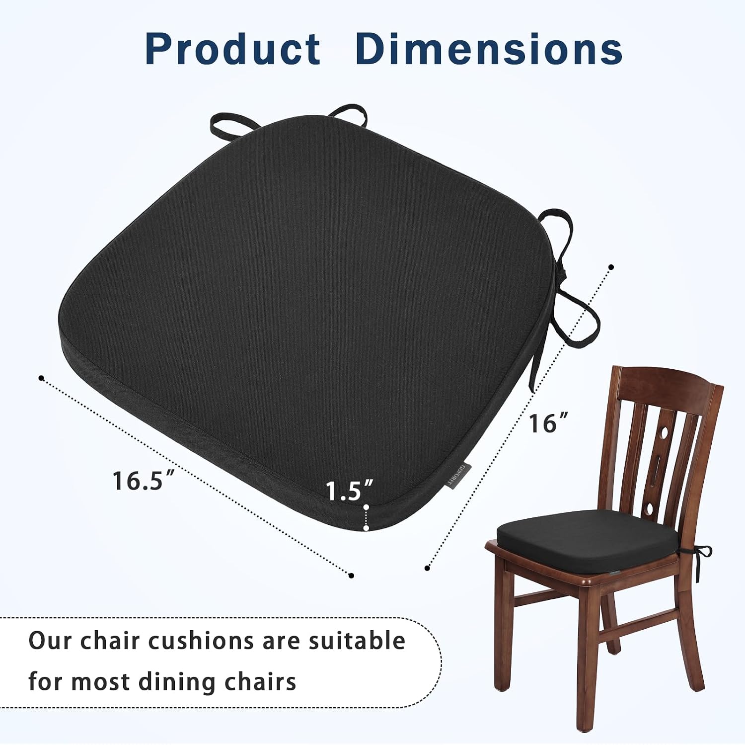 GOFORIT Dining Chairs Cushions, Memory Foam Kitchen Chair Pads with Ties and Washable Cover, Seat Cushions for Indoor Dining Room, 16.5'' x 16'', Set of 4, Black
